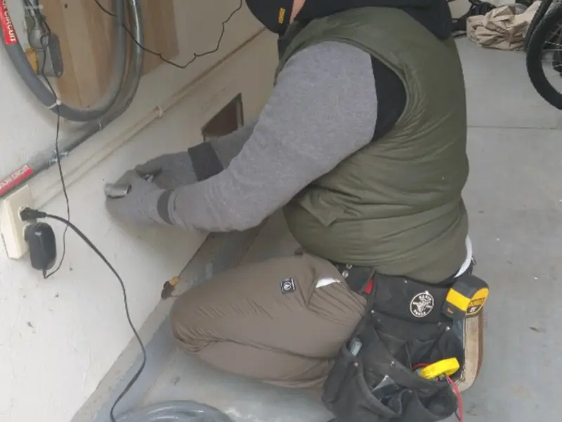 Electrician performing outlet wiring in a Upper Salford garage